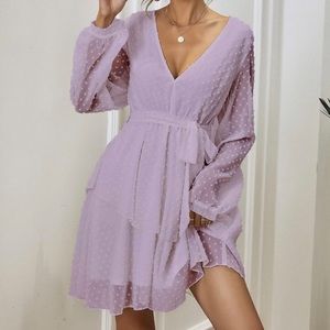 Women's Swiss Dot Belted Bishop Sleeve High Waist A Line Dress